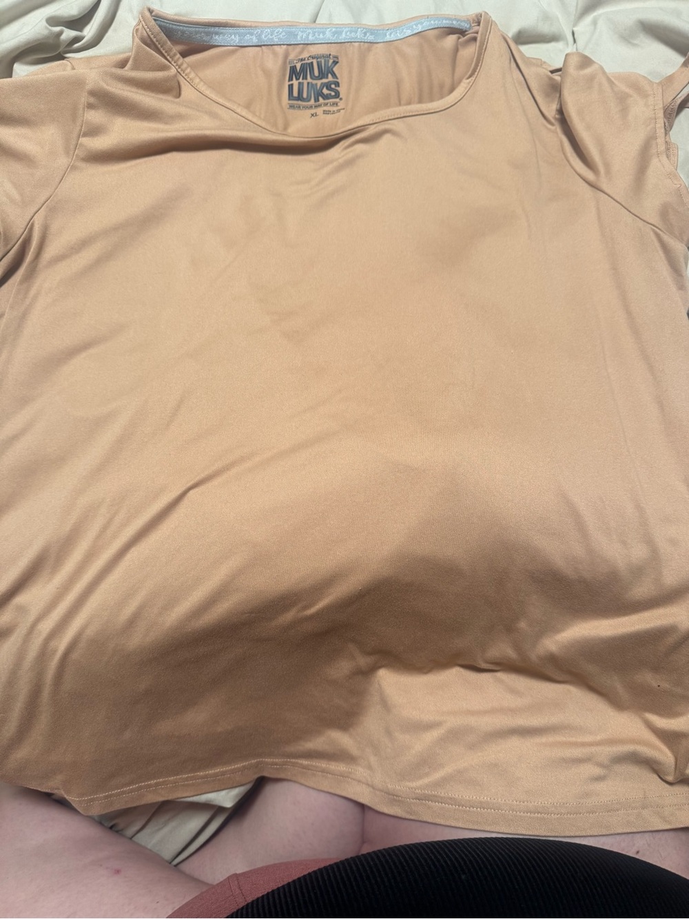 Muk Luks Short-Sleeve Crew Neck Top in Camel/Tan
